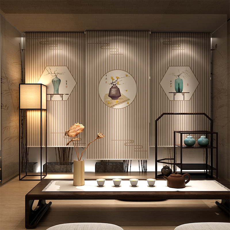 中式禅意卷帘升降窗帘挂式屏风帘C玄关帘软隔断客厅书房落地窗帘