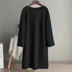 羊毛裙 气质显瘦秋冬女装 双面羊毛澳毛呢650g长袖 连衣裙直筒插肩袖