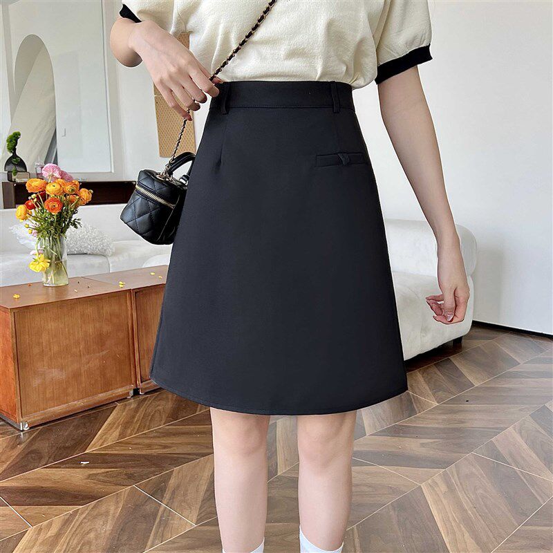 黑色半身裙中裙大码女夏季新款高腰及膝五分裙西装面料学生A字裙