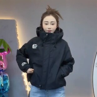 2024秋冬季户外小风衣短款连帽宽松休闲夹棉冲锋衣洋气夹克外套女