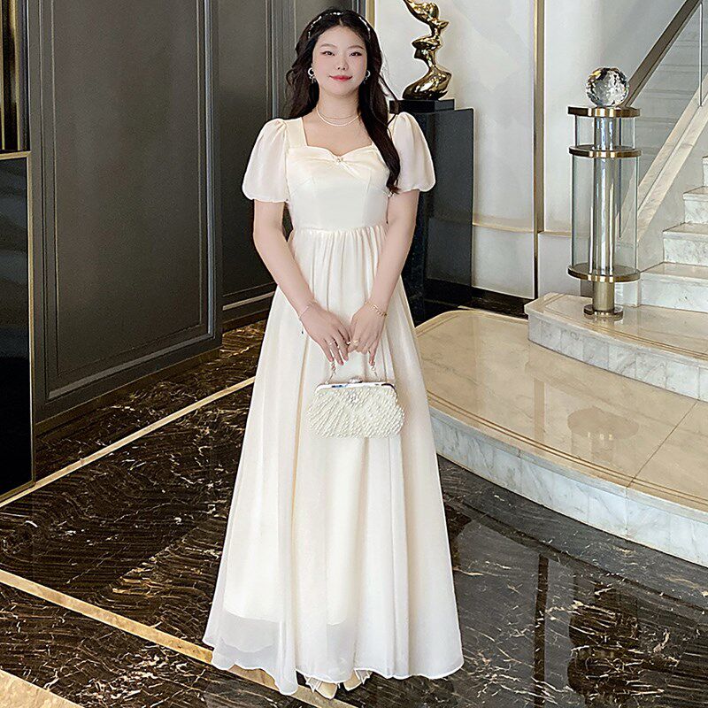 大尺码礼服伴娘服香槟色夏季简约胖mm200斤显瘦主持宴会礼服洋装