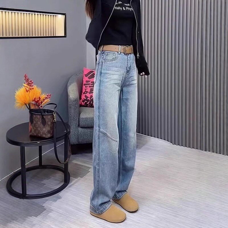 2025春季复古百搭宽松直筒阔腿裤大码女装高腰弹力显瘦遮肉牛仔裤