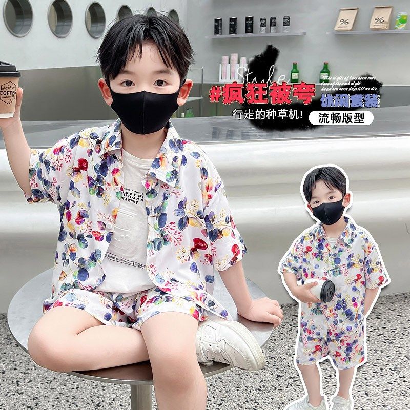 男童棉绸套装2024港风花v衬衫两件套沙滩服海边度假风酷帅薄款夏