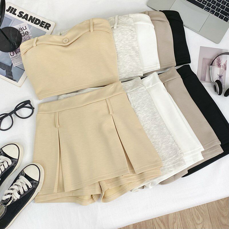 辣妹短款抹胸背心上衣女+学院风百褶高腰显瘦半身裙裤裙两件套装