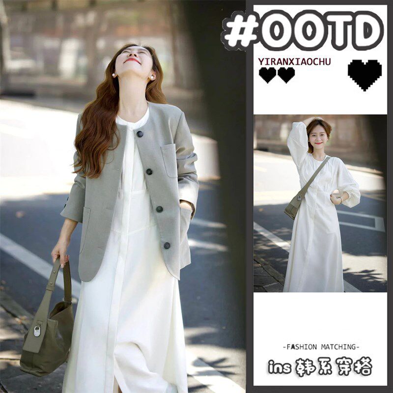早春搭配一整套极简百搭灰色无领廓形西装外套上衣内搭连衣裙套装