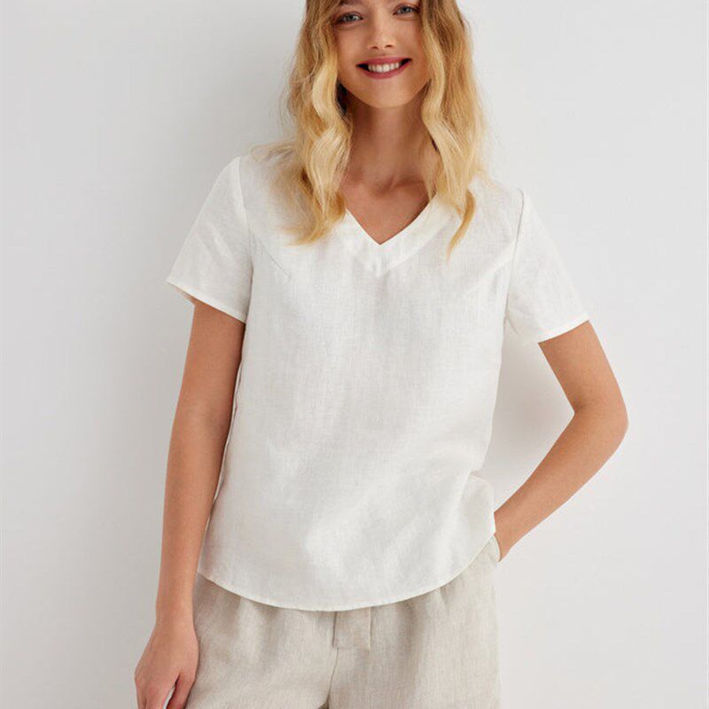 法国亚麻T恤女高级感夏季小众日系全麻V领正肩上衣宽松棉麻料短袖