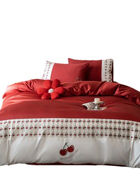 乐优公主100支长绒棉结婚四件套大红色喜被婚R嫁婚床婚庆床上用品