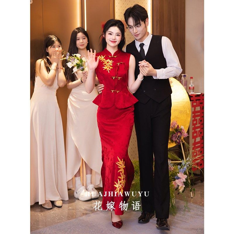 新中式新娘敬酒服2025新款轻奢小众旗袍酒红色订婚礼服女套装结婚