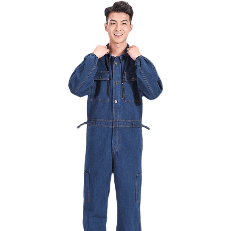 牛仔连体工作服男四季加厚耐磨透气防尘连体O衣带帽劳保服喷漆工