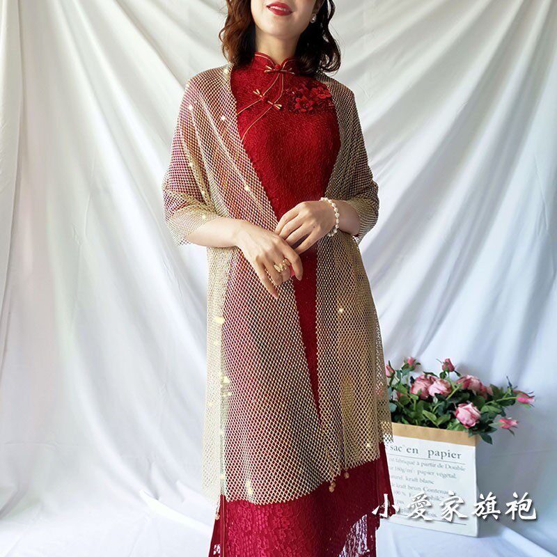 高档夏季婚礼妈妈喜婆婆披肩旗袍礼服镂空外搭网格长款高端烫钻薄