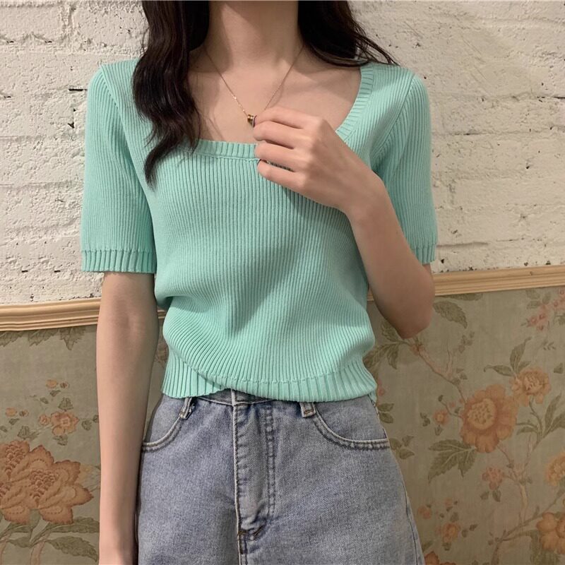 绿色法式方领夏季短袖T恤冰丝针织衫女薄款修身短款上衣配高腰裤