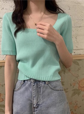 绿色法式方领夏季短袖T恤冰丝针织衫女薄款修身短款上衣配高腰裤