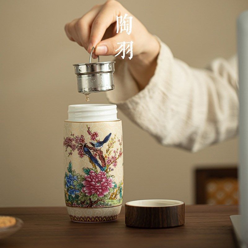 掐丝牡丹便携式陶瓷茶杯茶水分离保温杯双层随身S带盖带内胆泡茶