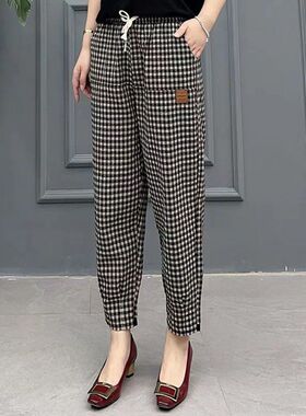 复古格子小脚休闲九分裤女2024夏季宽松大码松紧腰系带显瘦哈伦裤
