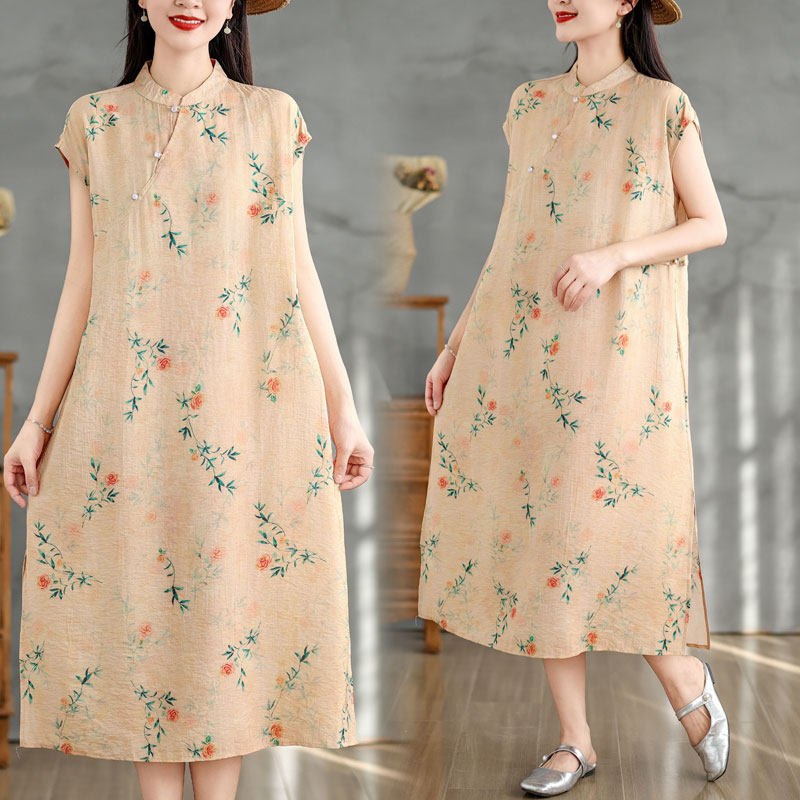 新中式国风印花连衣裙女夏季裙子宽松气质改良旗袍显瘦开叉中长裙