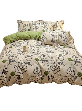 2024新款全棉四件套加厚床上用品1F00简约被套床单学生三件套4