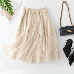 半身裙显瘦垂感纱裙女2021春夏新款小个子网纱裙中长款黑色A字裙