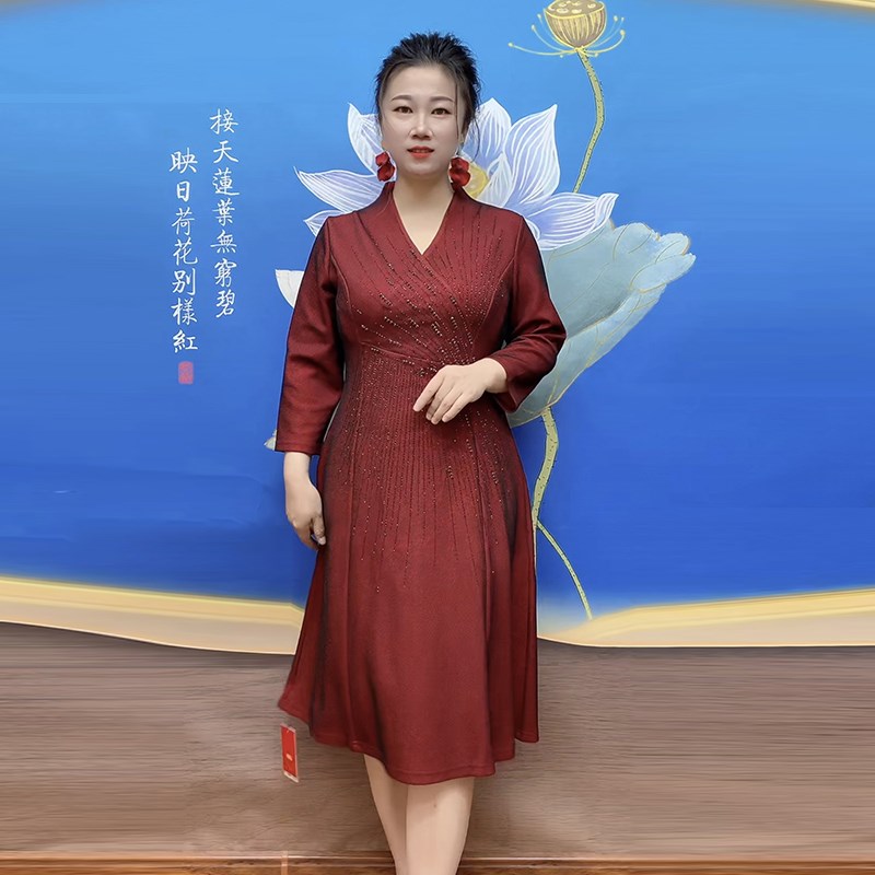 婚庆礼服秋冬新款V领气质高腰显瘦A版显瘦连衣裙喜婆婆喜妈妈裙子