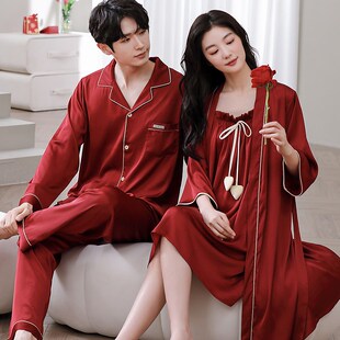 思馨坊情侣冰丝睡衣结婚晨袍春秋款红色男女士新婚睡袍两件套装