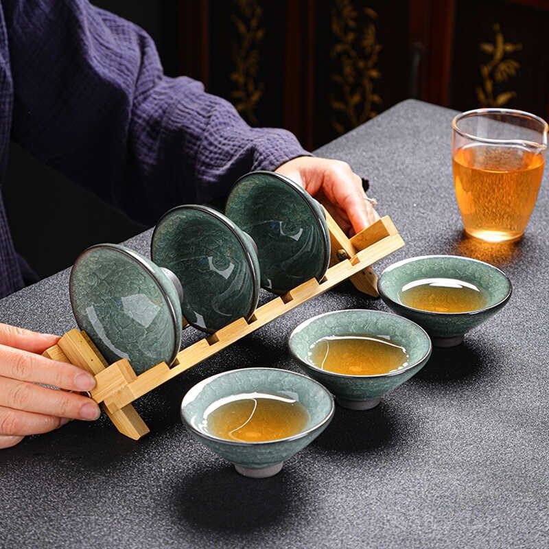 绿冰花冰裂釉主i人单杯开片茶杯盏陶瓷茶具功夫茶杯套装6只斗笠杯
