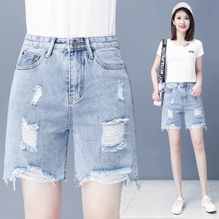 高腰5分阔腿破洞中裤 五分牛仔短裤 新款 薄款 子简约 女直筒宽松夏季