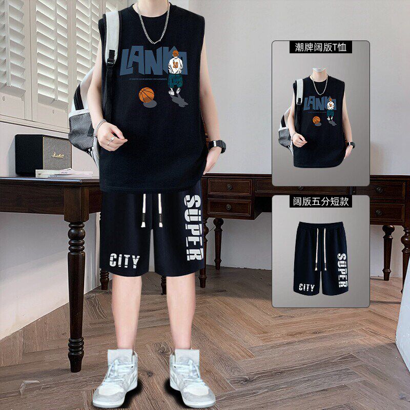 青少年男孩纯棉无袖汗背心夏季薄潮牌运动套装学生大童休闲两件套