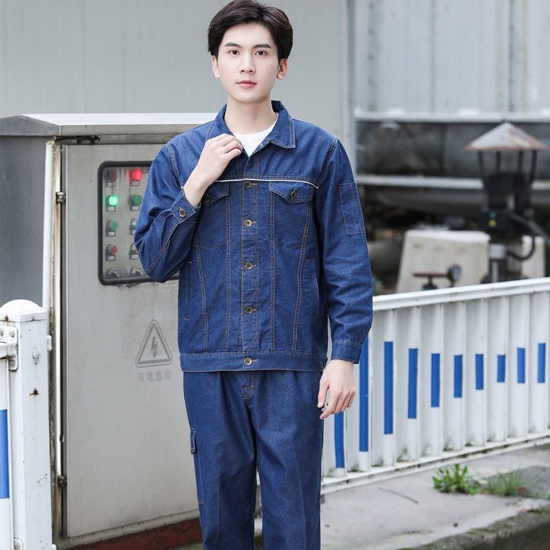 牛仔工作服男套装男薄款长袖焊工耐磨工M地车间劳保电焊服透气