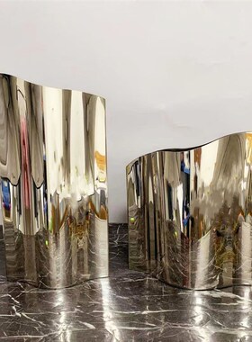 现代简约不锈钢镜l面弧形样板间花器 餐厅客厅玄关台面装饰花瓶