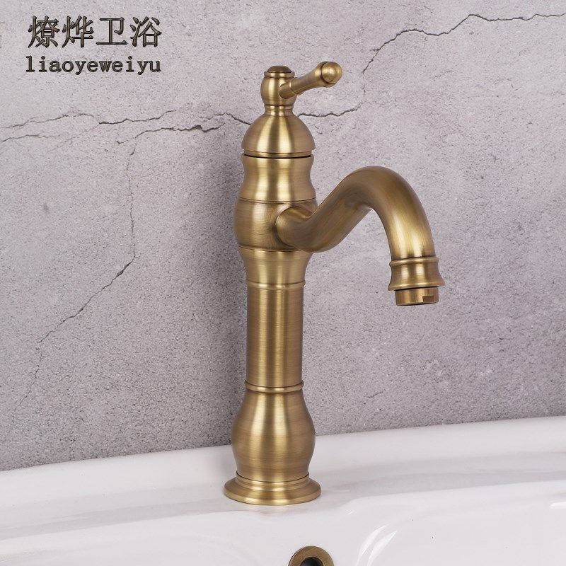 面盆洗脸盆欧式复古仿古全铜卫生间冷热水龙头加高单孔台上盆龙头