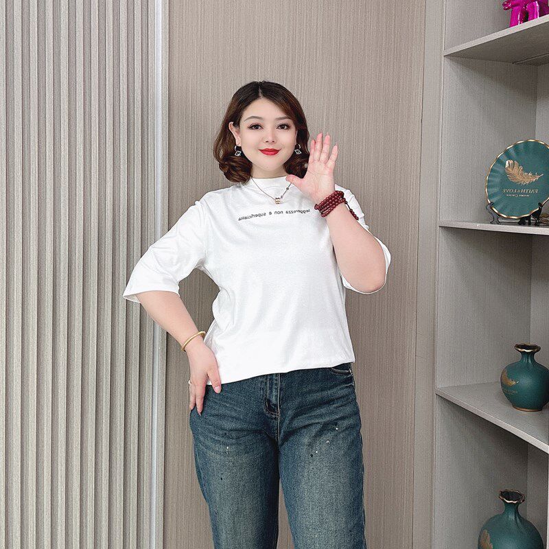 大码女装秋季休闲百搭中袖T恤女胖mm宽松显瘦遮肉正肩上衣打底衫