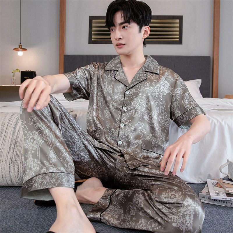 短袖薄款冰丝男士睡衣套装大码宽松开衫男款丝绸夏天家居服两件套
