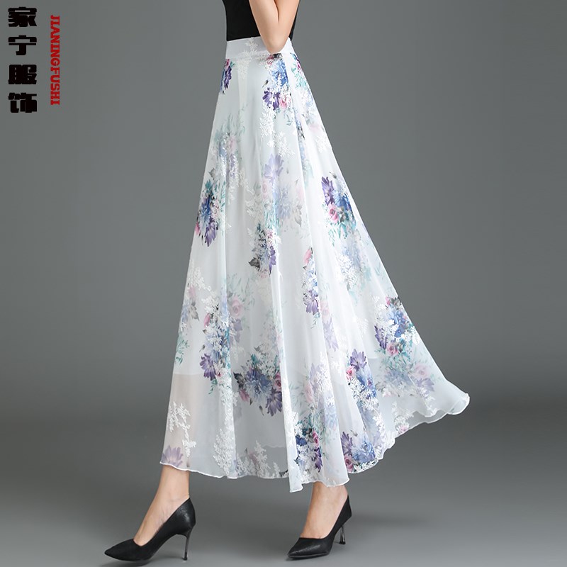 复古风雪纺高腰印花裙2024夏季新款碎花半身a字长裙提花大摆纱裙