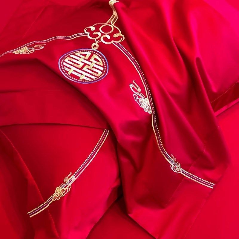 中式结婚四件套红色q龙凤刺绣被套婚庆床上用品婚房六件套