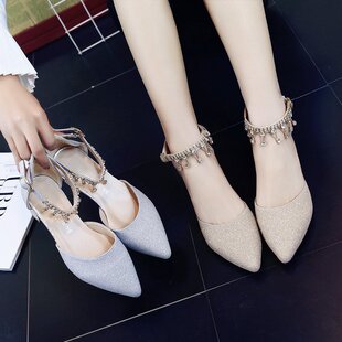高跟鞋女粗跟少女一字扣银色低跟礼服伴娘三厘米单鞋年会晚宴水晶