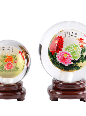 内画水晶球摆件牡丹花八骏图迎客松富贵鱼花开富贵V五牛图中式家