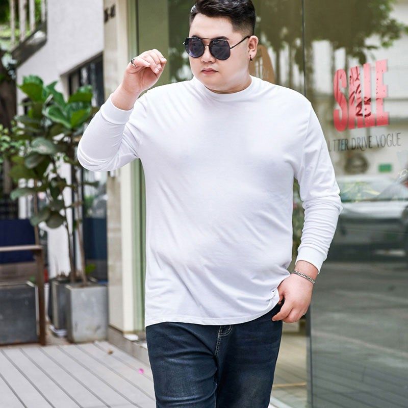 可定制 春秋薄款纯棉长袖t恤男圆领大H码胖子加肥加大宽松体恤衫