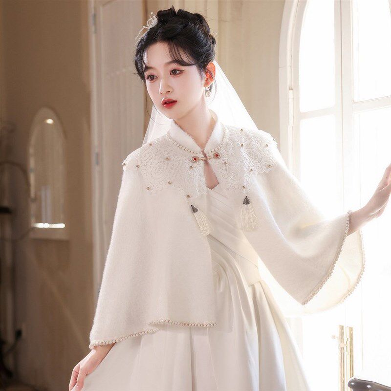 艳莲新中式披肩敬酒服旗袍专用国风披肩外套保暖新娘结婚白色外搭