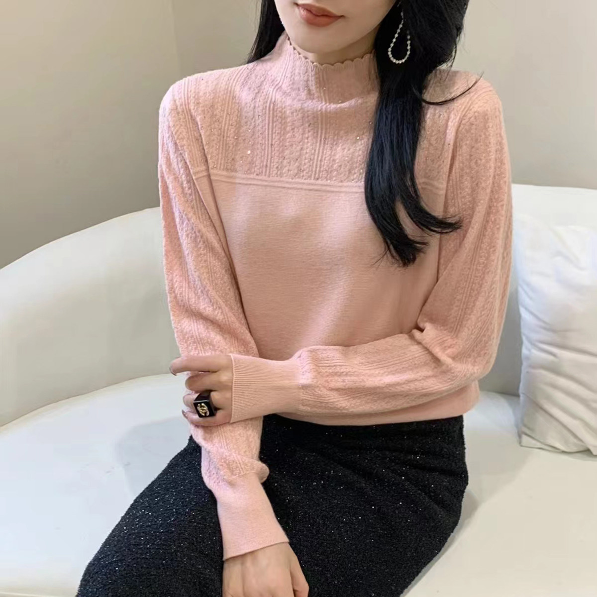 半高领蕾丝打底衫女内搭2024毛针织衫