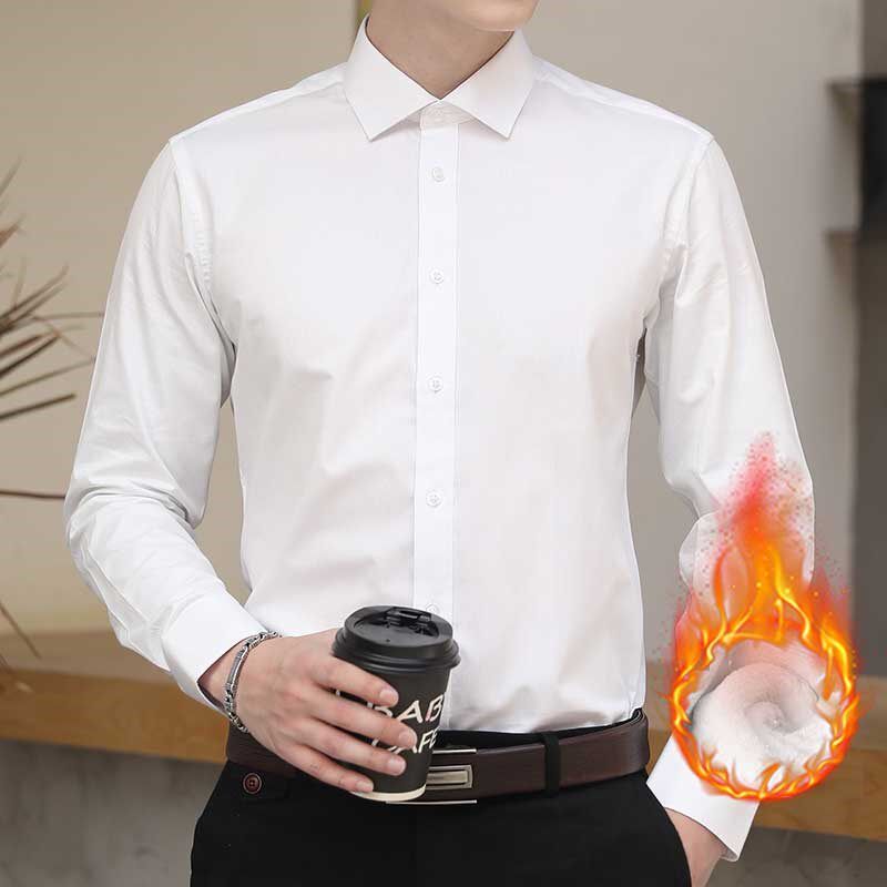 加绒男士长袖衬衫冬季加厚保暖白衬衣免熨L烫正装工装上班服黑条