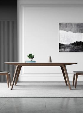 亮光岩板白餐桌实木餐桌椅组合OEC现代简家用约胡桃长色方形蜡木