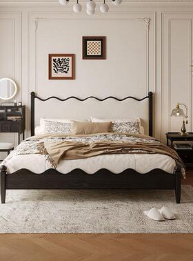 法实木涟漪式复中古实木床小风户型空古美间主卧黑色双人床式白蜡