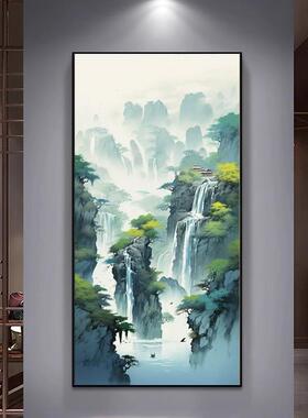 瀑流布水画进门玄关高山生财壁装饰竖画版迎客松过道OKK山水客厅