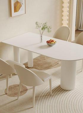 奶风白色岩纯板餐桌餐椅组合油型现代简约小户家CNA用半圆形吃饭