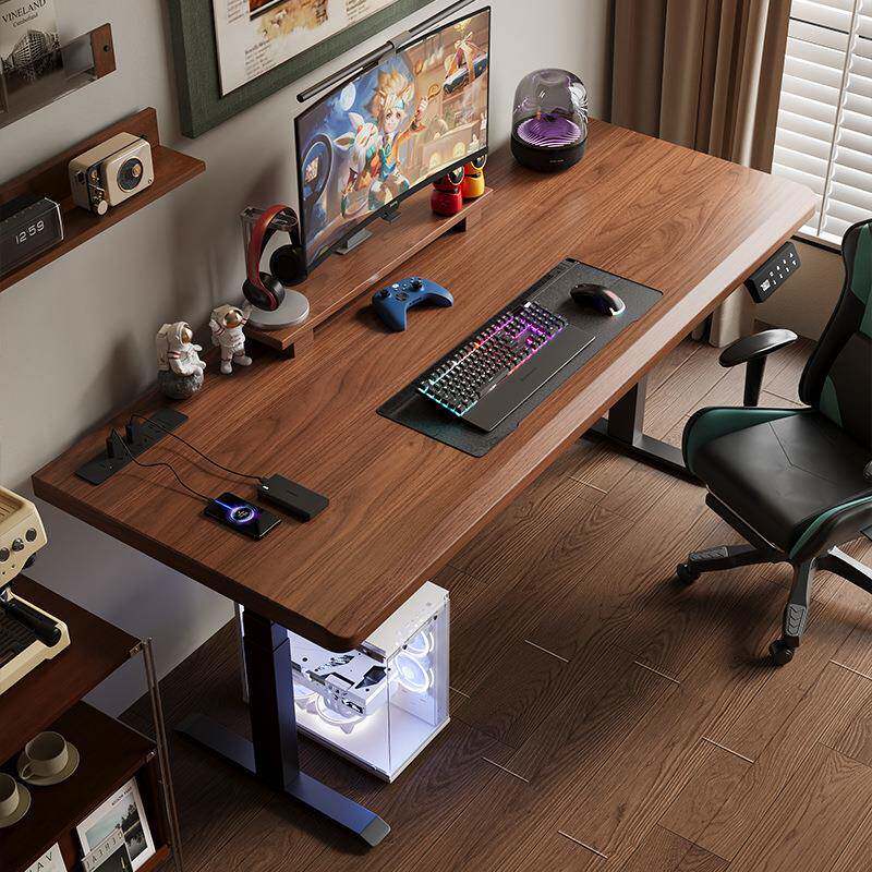实木电11942242动升降桌长电脑台式桌家用书桌条双人电竞桌大板桌