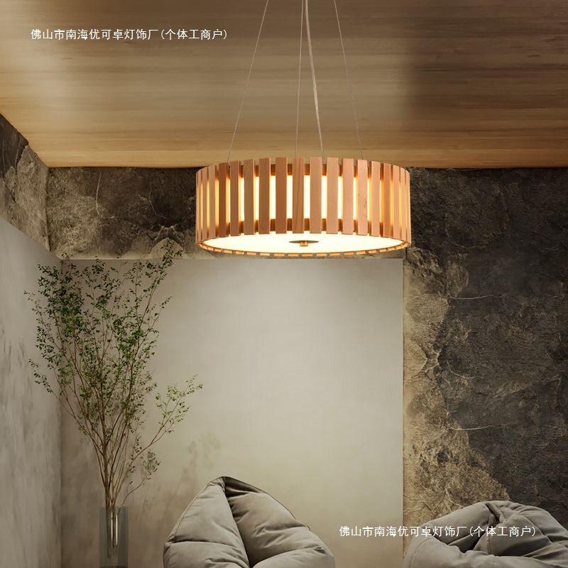日式原木LED圆形餐厅吊灯