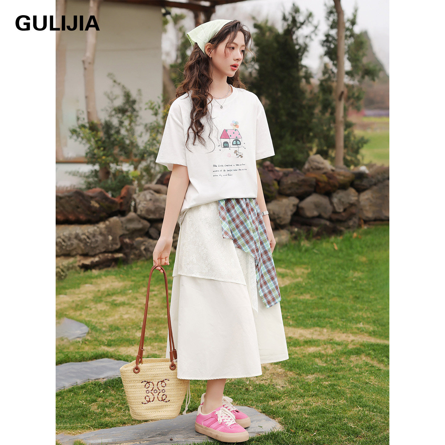 古力家短袖甜美风印花T恤半身裙套装女大童夏季新款初中生两件套