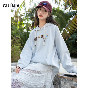 古力家春秋款学院风连帽卫衣女大童宽松卡通刺绣上衣初中生长袖15