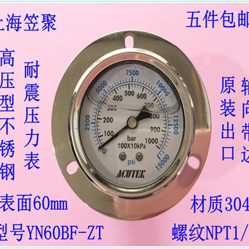 ACUTEK 原装出口 全不锈钢耐震压力表 YN60BF-ZT 1000BAR  NPT1/4