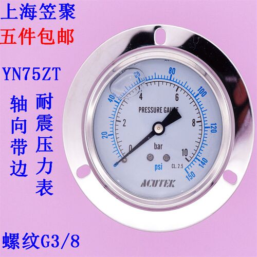 ACUTEK 轴向带边 中心螺纹 耐震压力表 YN75ZT 10bar  G3/8