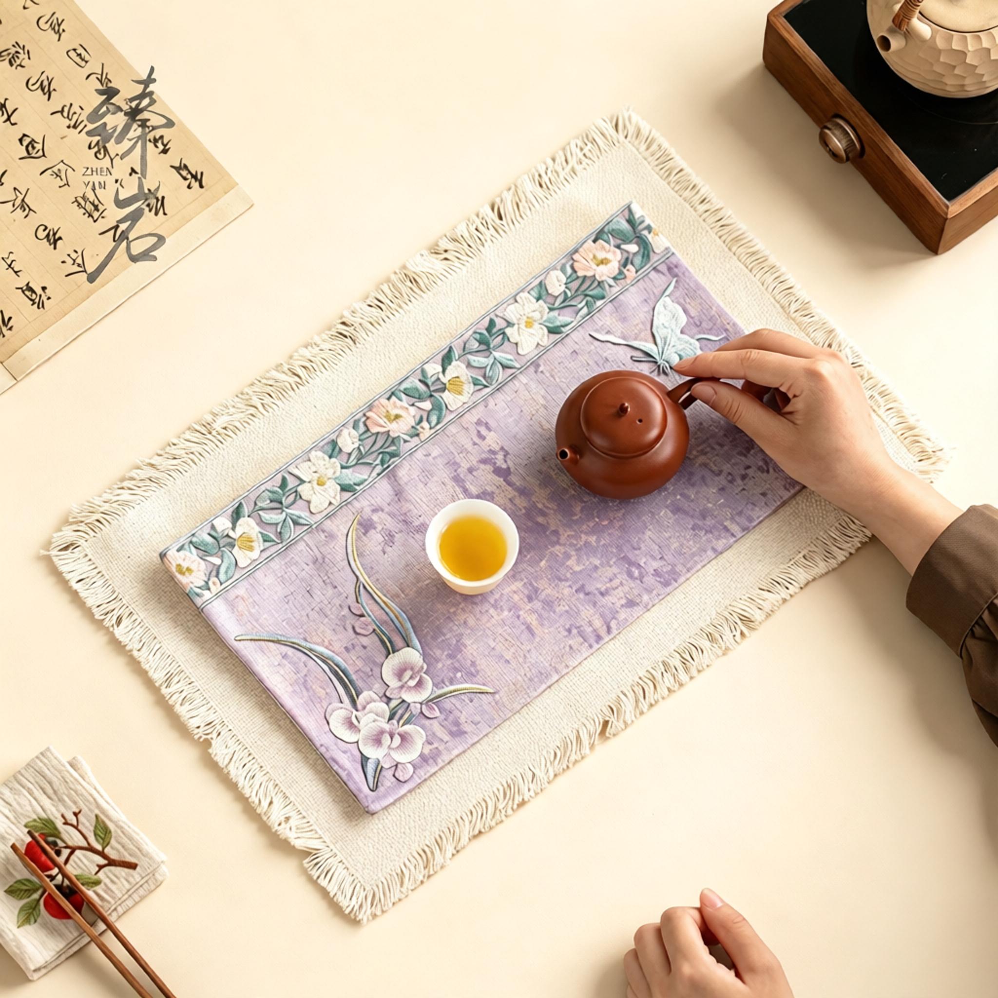 臻岩紫色刺绣茶席套装茶垫干泡席图片